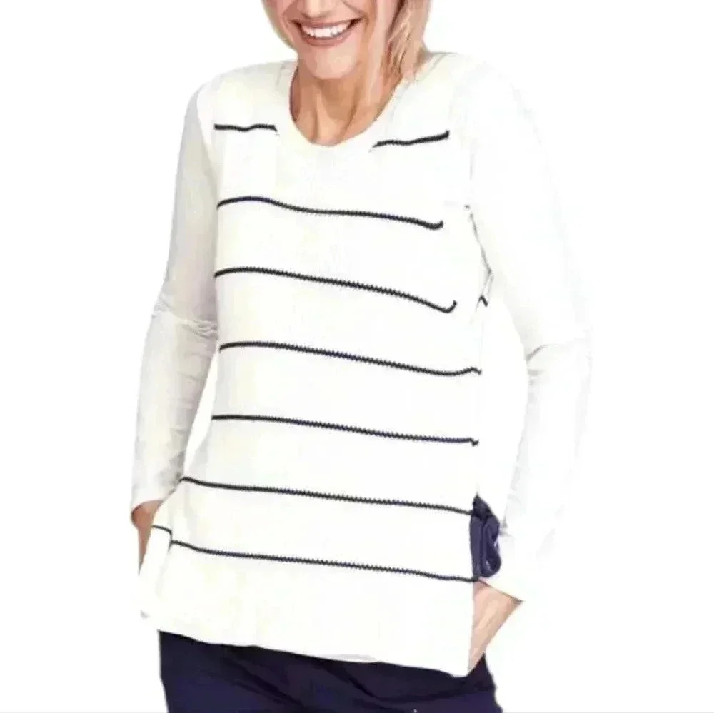Mus & Bombon Women Large Linen Sweater Vest White Striped Sleeveless